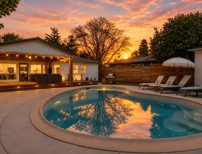 Backyard pool at sunset with illuminated modern house, lounge chairs, and wooden fence